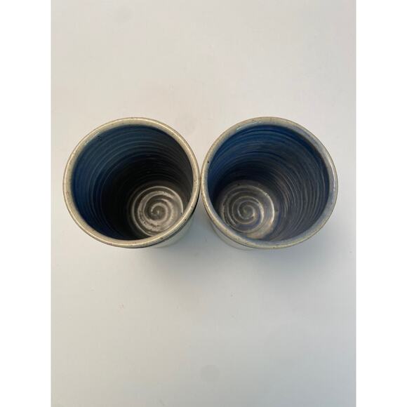 Hand Thrown Art Pottery Stoneware Tumblers Set signed RM Blue Leaf Textured Pair - Picture 6 of 9